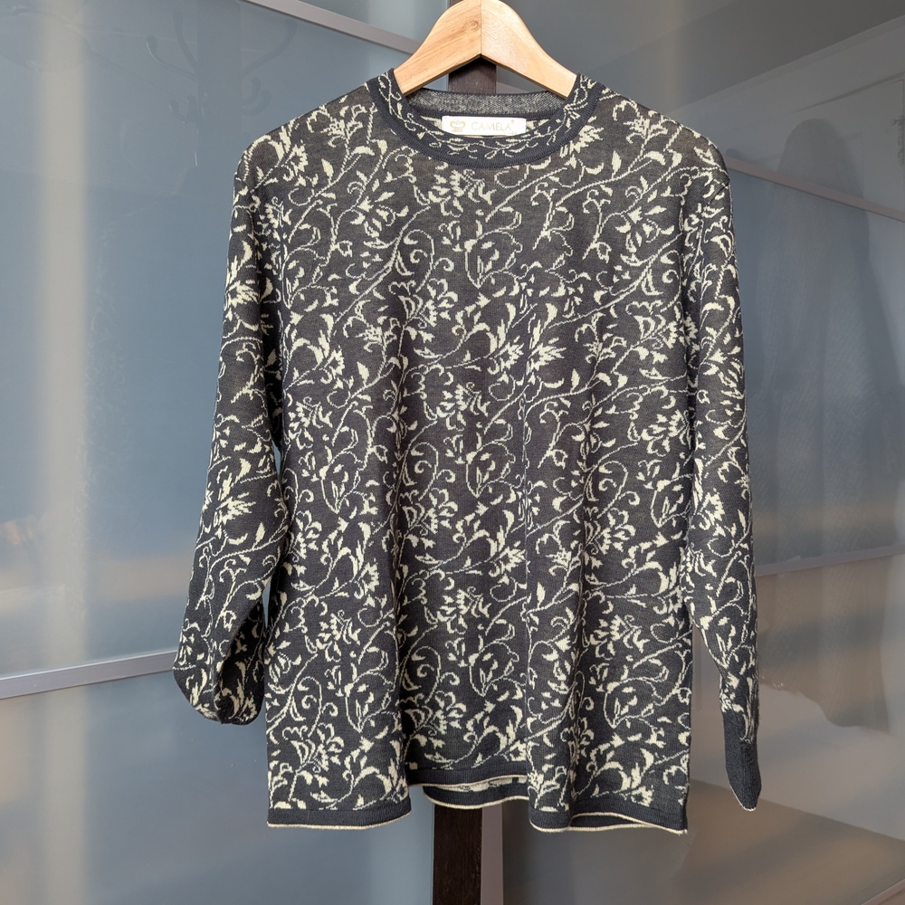 Vintage Camela 90's Retro Knit V Floral Sweater - Size 44 Vintage XL